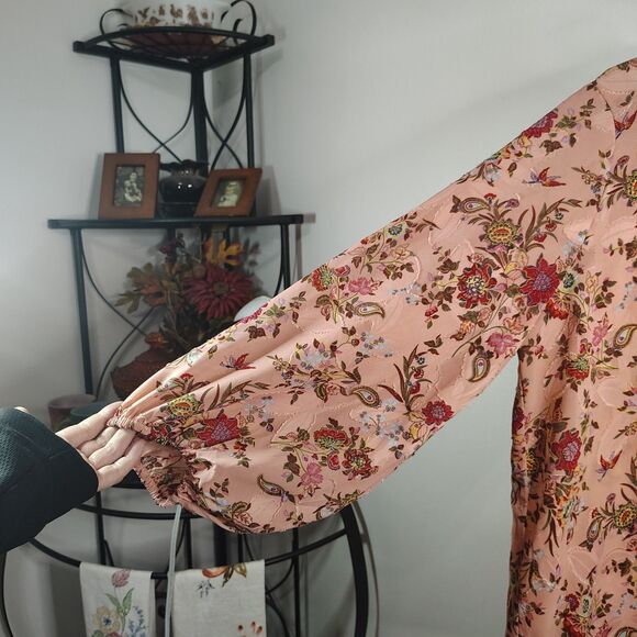 LOFT Pink Floral Paisley Boho Long Sleeve Blouse LP Large Petite Women Crewneck - Picture 3 of 6